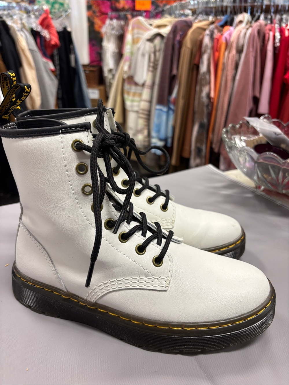 Dr. Martens White Leather Lace-Up Boots with Black Trim